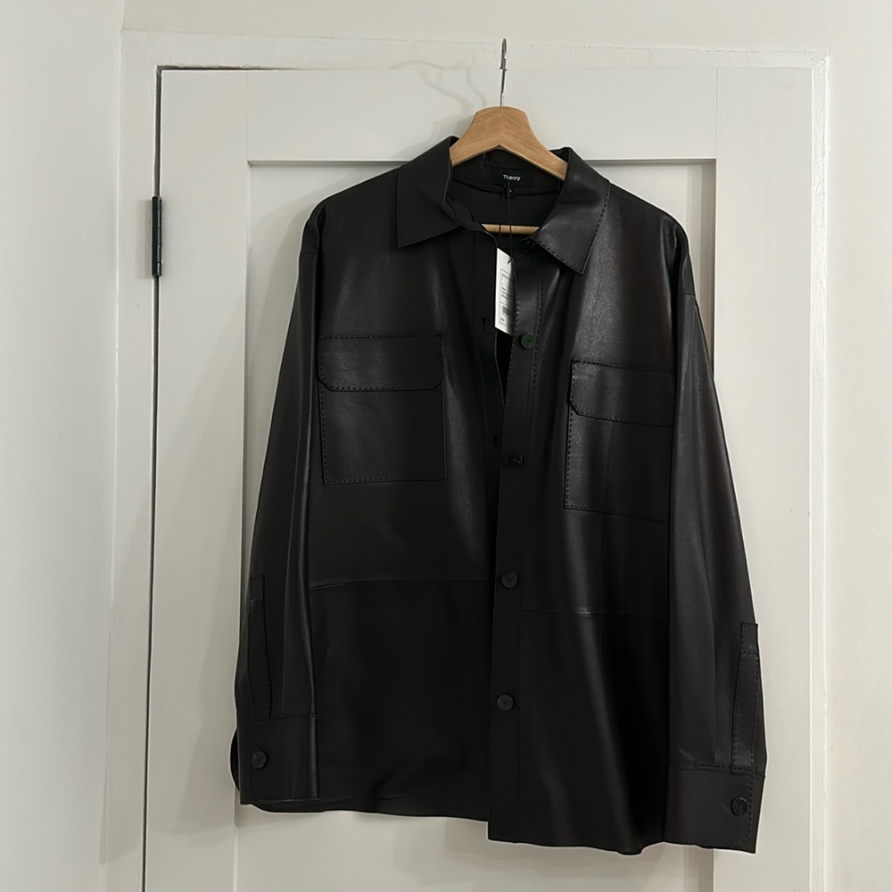 SOLD Size L black Napa leather Theory patch pocket shirt jacket.